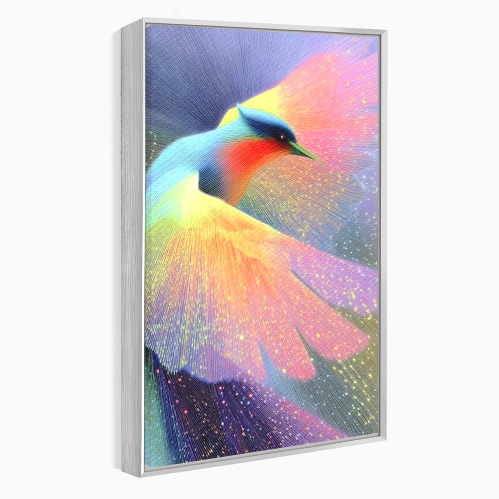 Tablou canvas cu tablou canvas cu pasare colorata in zbor, in rama de aluminiu argintiu